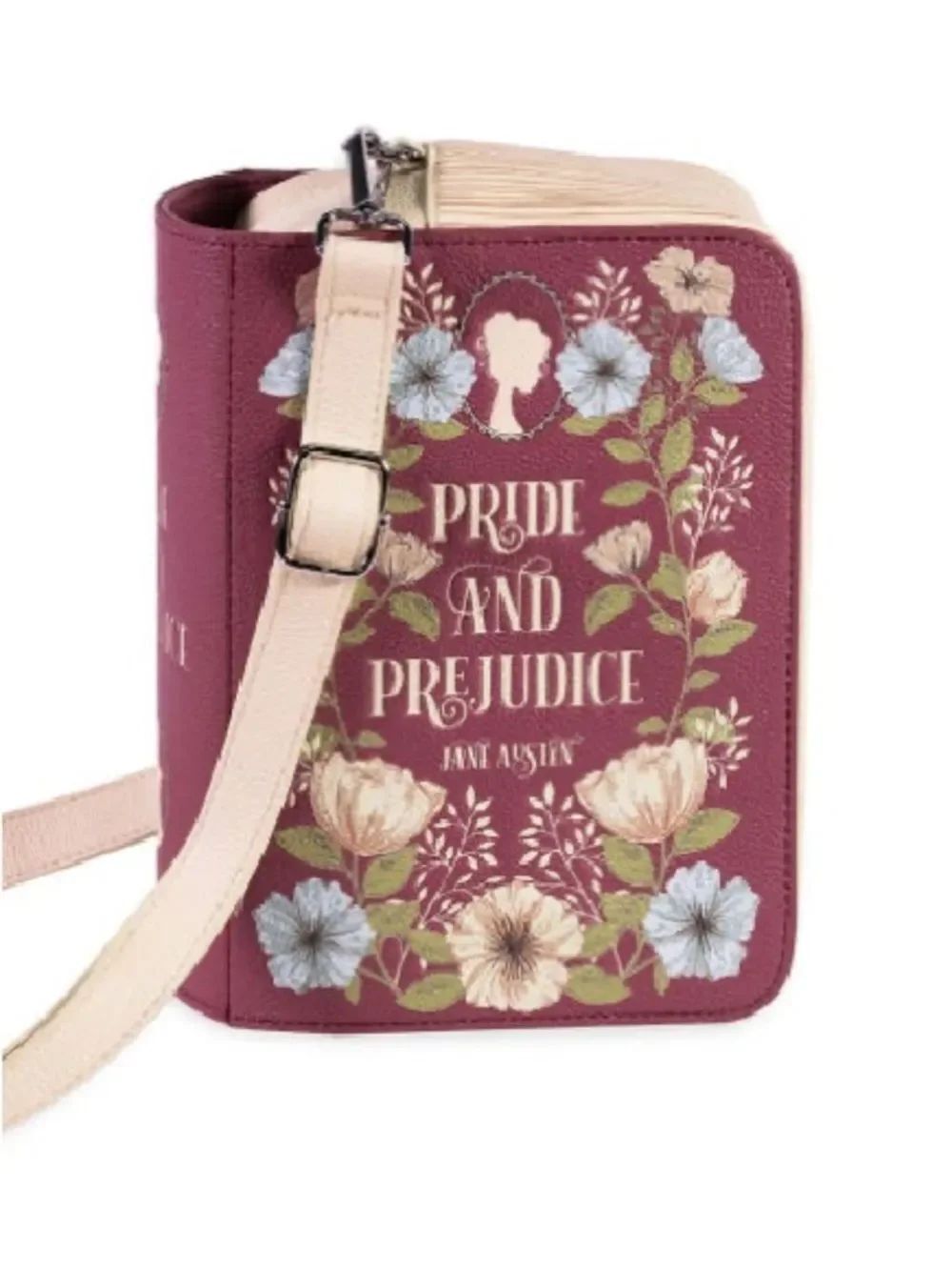 Steel Mill & Co. Ivory Burgundy Pride & Prejudice Book Club Crossbody Bag Purse